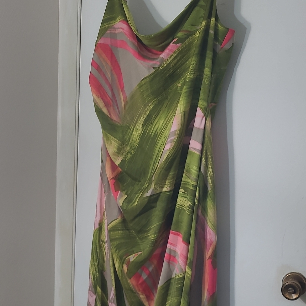 BCBG Asymmetrical Dress with Green and Pink Swirls